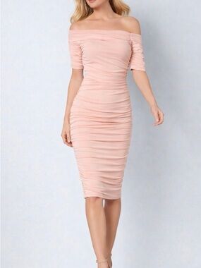 NWOT Off-Shoulder Ruched Mesh Bodycon Midi Dress - Blush Pink Size Small